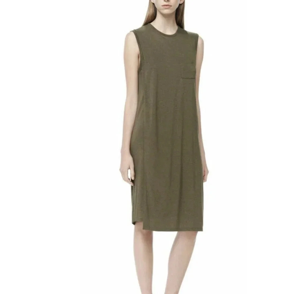 T Alexander Wang Womens S Olive Green Overlap Overlay Sleeveless Tshirt Dress